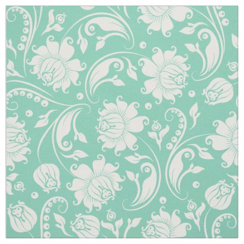 White Floral Damasks With Custom Mint Background Fabric