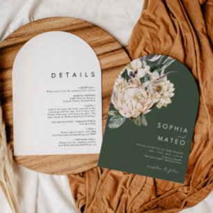 White Floral Dark Green All In One Wedding Arch Invitation