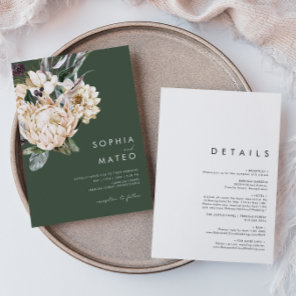 White Floral | Dark Green All In One Wedding Invitation