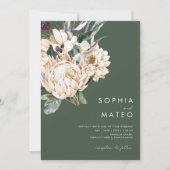 White Floral | Dark Green All In One Wedding Invitation (Front)
