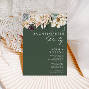 White Floral Dark Green Bachelorette Party Invitation