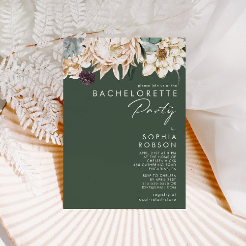 White Floral  Dark Green Bachelorette Party Invitation