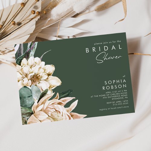 White Floral  Dark Green Bridal Shower Invitation