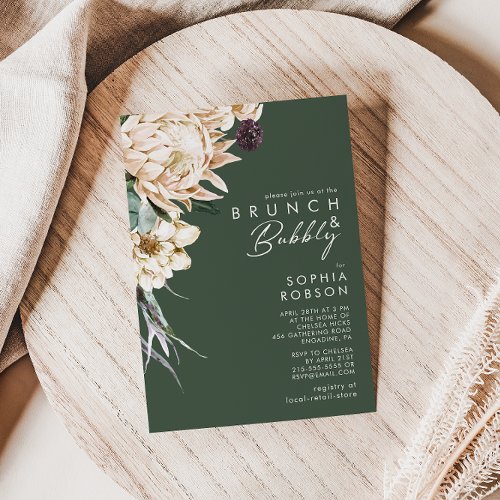 White Floral  Dark Green Brunch and Bubbly Invitation