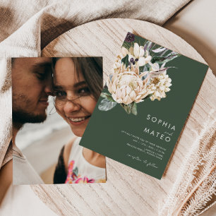 White Floral Dark Green Casual Photo Wedding Invitation