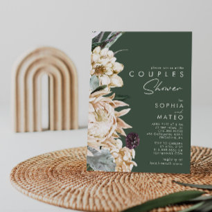 White Floral   Dark Green Couples Shower Invitation