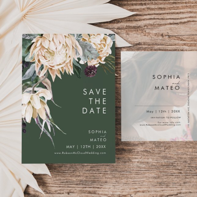 White Floral Dark Green Faded Photo Save The Date Invitation Postcard (Creator Uploaded)