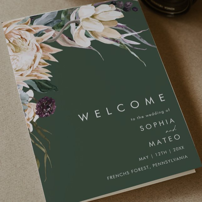 White Floral | Dark Green Folded Wedding Program (Creator Uploaded)