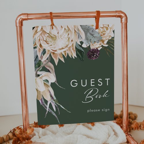 White Floral  Dark Green Guest Book Sign