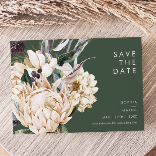 White Floral  Dark Green Horizontal Save The Date