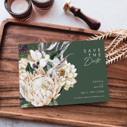 White Floral  Dark Green Horizontal Save The Date