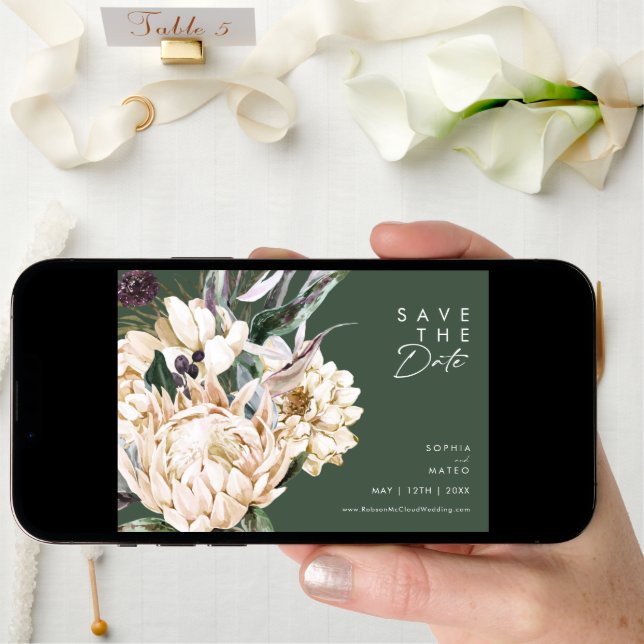 White Floral | Dark Green Horizontal Save The Date (Front Digital)