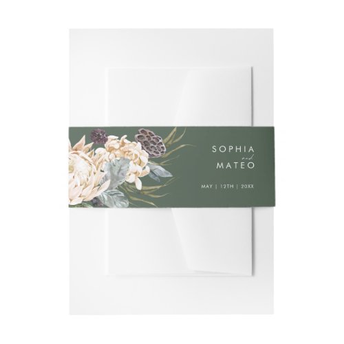 White Floral  Dark Green Invitation Belly Band