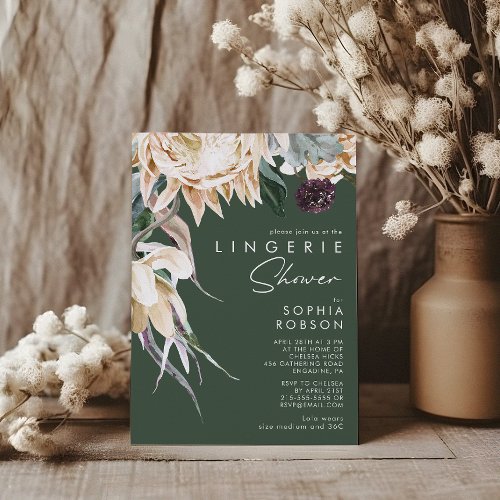White Floral  Dark Green Lingerie Shower Invitation