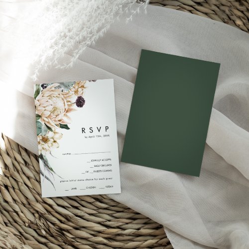 White Floral  Dark Green Menu Choice RSVP Card