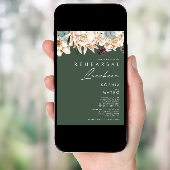 White Floral | Dark Green Rehearsal Luncheon Invitation (Front Digital)