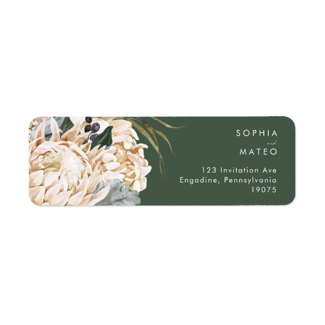 White Floral | Dark Green Return Address Label (Front)