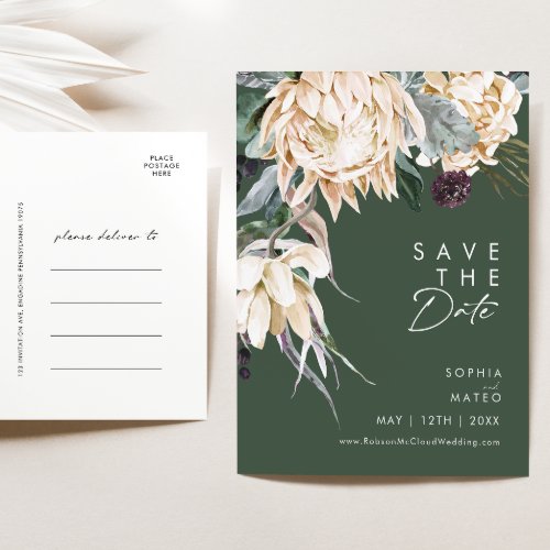 White Floral  Dark Green Save The Date Postcard