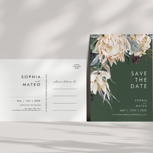 White Floral  Dark Green Save The Date Postcard