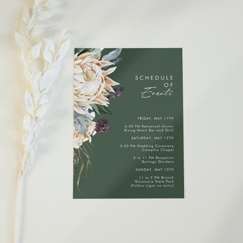 White Floral  Dark Green Schedule of Events Enclosure Card