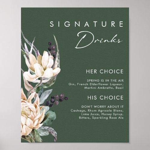 White Floral | Dark Green Signature Drinks Sign