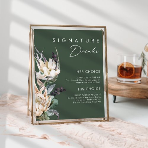White Floral  Dark Green Signature Drinks Sign