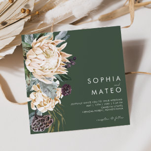White Floral Dark Green Square Wedding Invitation