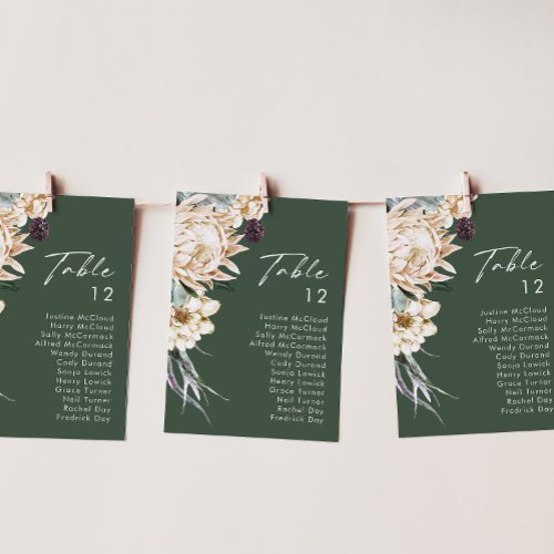 White Floral  Dark Green Table Number Chart