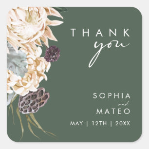 White Floral   Dark Green Thank You Wedding Square Sticker