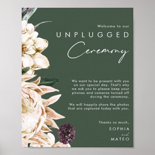 White Floral  Dark Green Unplugged Ceremony Poster