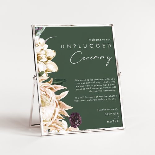 White Floral  Dark Green Unplugged Ceremony Poster