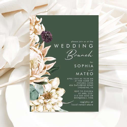 White Floral  Dark Green Wedding Brunch Invitation