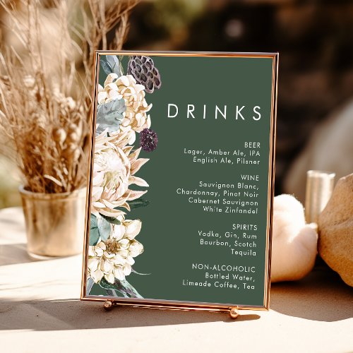 White Floral  Dark Green Wedding Drinks Sign