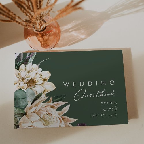 White Floral  Dark Green Wedding Guest Book