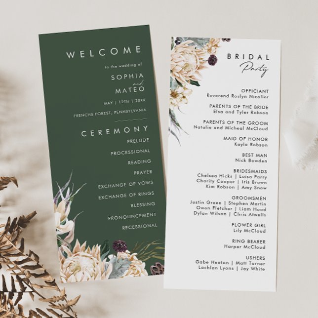 White Floral | Dark Green Wedding Program (Creator Uploaded)
