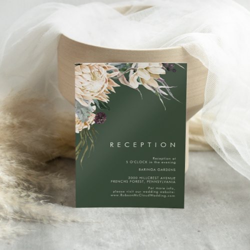 White Floral  Dark Green Wedding Reception Card