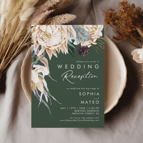 White Floral  Dark Green Wedding Reception Invitation