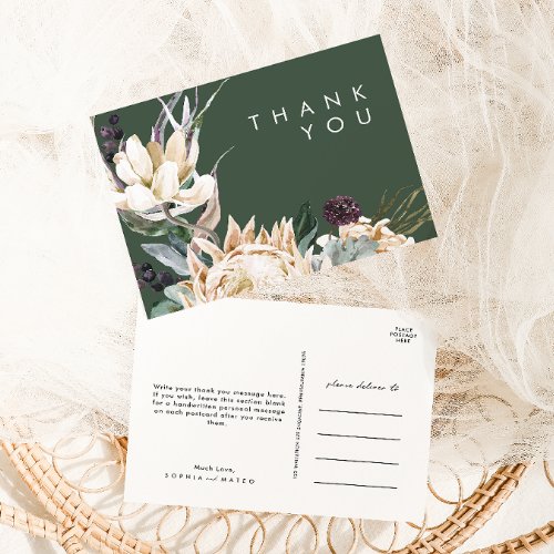 White Floral  Dark Green Wedding Thank You Postcard
