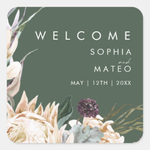 White Floral Dark Green Wedding Welcome Square Sticker