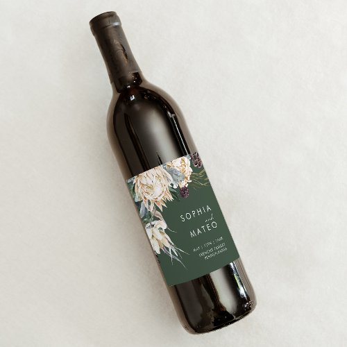 White Floral  Dark Green Wedding Wine Label