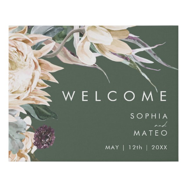 White Floral Dark Green Welcome Faux Canvas Print (Front)