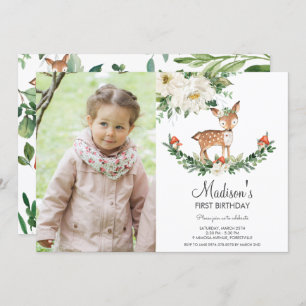White Floral Deer Fawn Woodland Birthday Photo Invitation