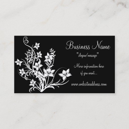 Customizable White Floral Design on Black Business Cards