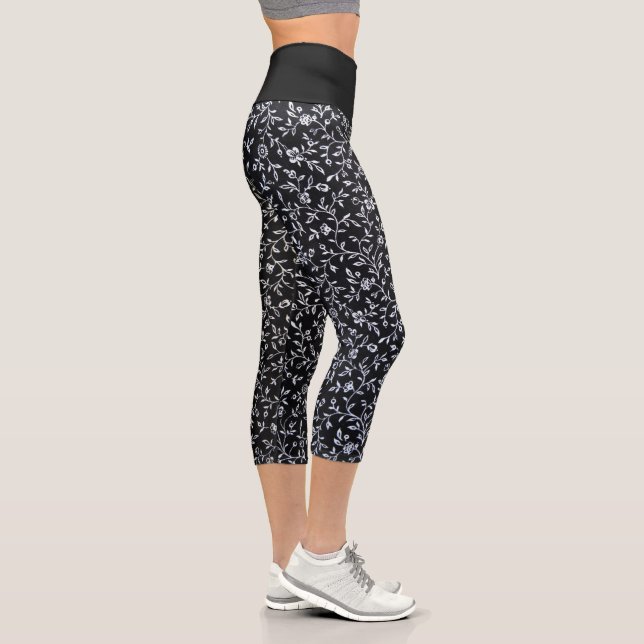 White floral design on black capri leggings (Right)