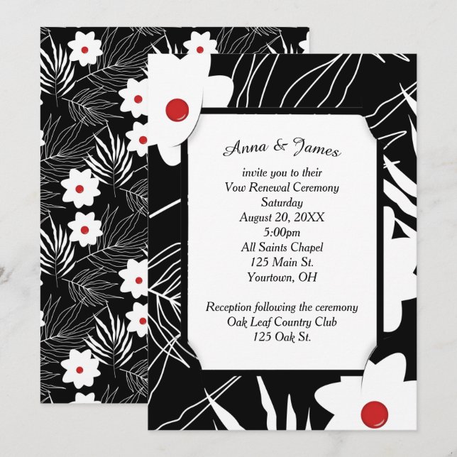 White Floral Design On Black Wedding Invitation (Front/Back)
