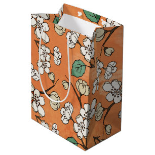 White Floral Design on Orange Medium Gift Bag