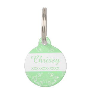 White Floral Design on Pastel Green Personalized Pet ID Tag