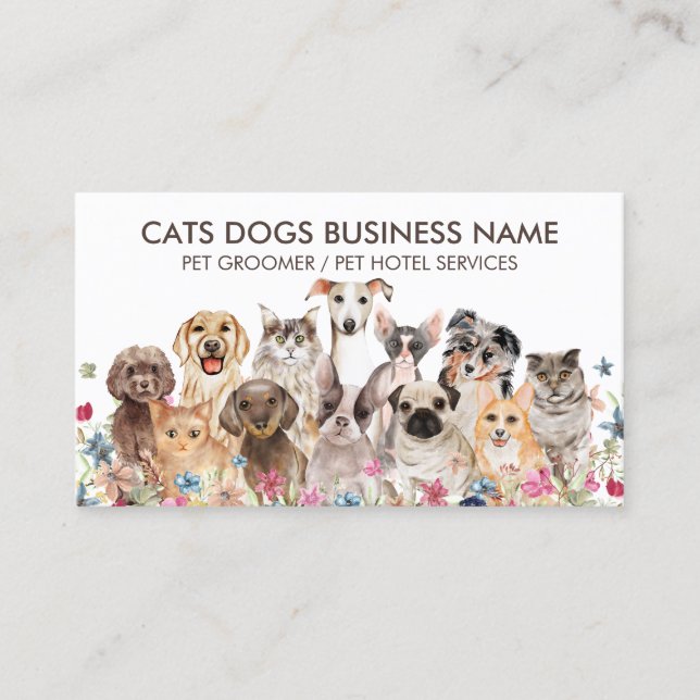 White Floral Design with Cats Dogs Business Card (Front)
