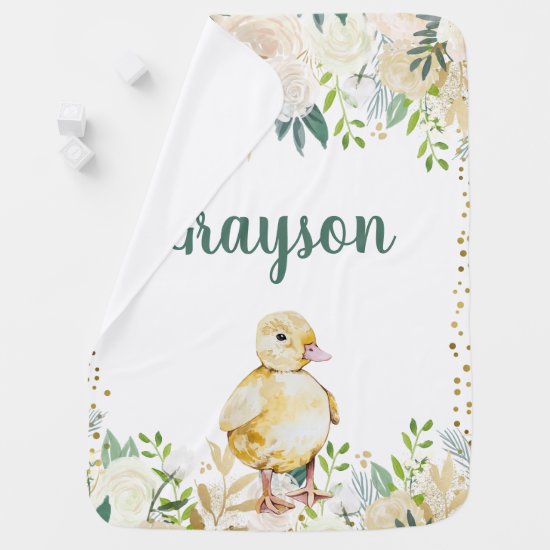 White Floral Duck Personalized Baby Blanket