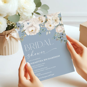 White floral dusty blue elegant bridal shower invitation